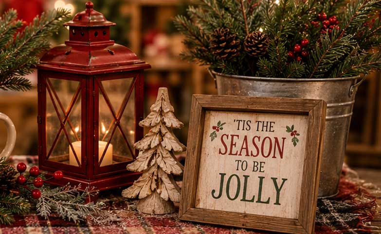 Festive holiday craft display with decorations and handmade items